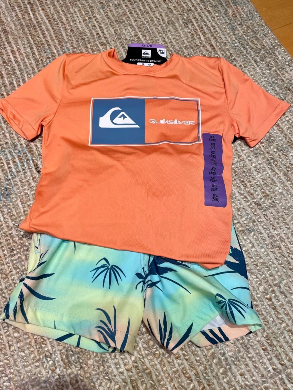 Quicksilver Boys Swim Set Orange Rash Guard Tropical Trunks UPF 50 XS 5/6 NWT